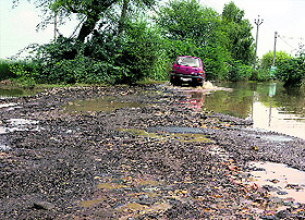 A damaged road at Chak Duhewala village in Muktsar. 