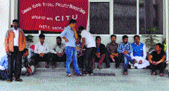Activists of the Sawara Kuddu Hydel Project Workers Union hold a hunger strike in Shimla on Wednesday.