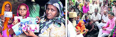 Residents of New Indra Colony show pictures of their family members who are stuck in flood-hit Kashmir; (and right) residents express their worries to CPS KD Bhandari on Wednesday