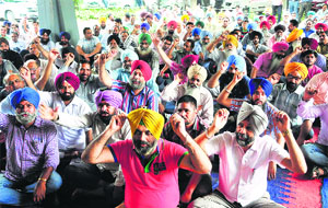 Members of the PAU Employees Union protest on the PAU campus in Ludhiana.