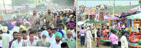 Devotees at Chhapar village; and (right) children enjoy fun rides.