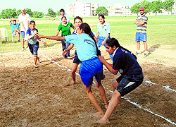 A kabaddi match in progress at the Physical Education College of Guru Kashi University (GKU) in Talwandi Sabo on Thursday