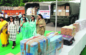 Relief material being sent for the J&K flood victims from Chandimandir in Panchkula on Thursday.
