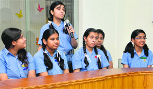 Students of The Gurukul share a point with Tony Blair during a video conference at the school in Panchkula on Thursday.