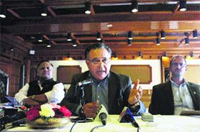 Transport Minister GS Bali addresses mediapersons in Shimla on Thursday