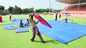 Preparations for the World Kabaddi League in full swing at the hockey stadium in Bathinda on Friday.
