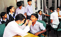 A dental check-up camp being held at a government school in Sector 34, Chandigarh, on Friday