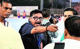 organisers have a heated argument during the inaugural function of World Kabaddi League in Bathinda on Saturday. 