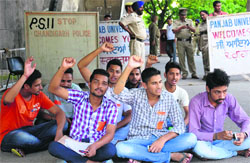 PUSU activists hold a protest at Panjab University on Saturday. Tribune photo: Manoj Mahajan