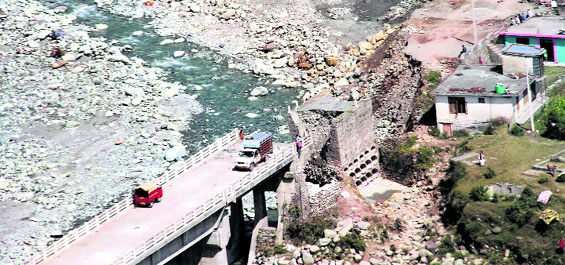 An aerial view of a bridge that collapsed due to the flashfloods in Kotranka tehsil of Rajouri district of the Jammu region.