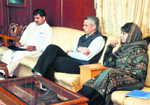 State BJP president Jugal Kishore Sharma, Chief Minister Omar Abdullah and PDP chief Mehbooba Mufti during the all-party meeting at Srinagar on Saturday.