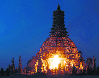 The Temple of Grace at the Burning Man 2014 “Caravansary” arts and music festival in the Black Rock Desert of Nevada. More than 65,000 people from all over the world gathered at the sold out festival to spend a week in the remote desert cut off from much of the outside world to experience art, music and the unique community that develops.