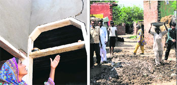 A woman shows cracks on a wall of her house; and (right) slush in a border village in Ajnala sub-division after the recent rains. 