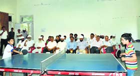 Players in action during the Shaheed Bishan Singh Memorial Table Tennis Championship in Mandi on Saturday.