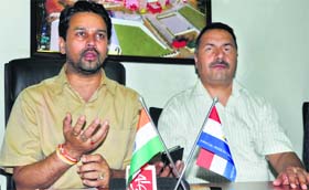 HPCA president Anurag Thakur interacts with mediapersons in Dharamsala on Saturday.