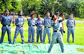 Cadets participate in a shooting competition at the SCD Government College for the selection of the Pre-Vayu Sena Camp in Ludhiana on Sunday.
