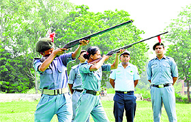 Cadets participate in a shooting competition at the SCD Government College for the selection of the Pre-Vayu Sena Camp in Ludhiana on Sunday.