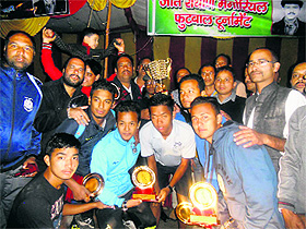 The winners of the 19th Jeet Rauthan Memorial Six-a-Side Footbal Tournament in Mussoorie on Sunday.