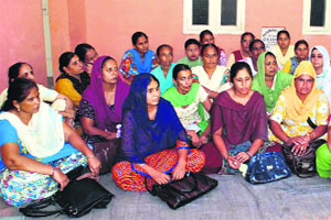 Anganwari workers during a meeting at Teachers Home in Bathinda on Monday.