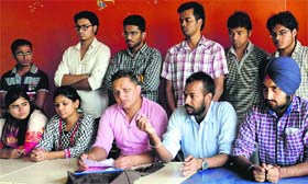 ABVP representatives address mediapersons at Panjab University in Chandigarh