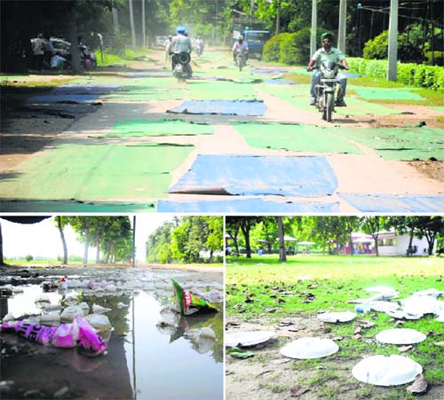 (Clockwise from top) Sheets lying on a road; garbage scattered in a park near Students Home; and litter thrown on a roadside on the PAU campus in Ludhiana on Monday.