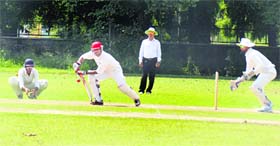 A batsman plays a shot during the the Punjab Inter-District Cricket Tournament at the PAU in Ludhiana.