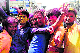  celebrate ABVPs victory in the students council poll in Dehradun on Monday. 
