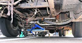 The cycle that was crushed under a CTU bus near Kala Gram on Tuesday.