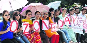 Members of the Centre for Social Work observe the International Day for the Preservation of the Ozone Layer at Panjab University in Chandigarh on Tuesday.