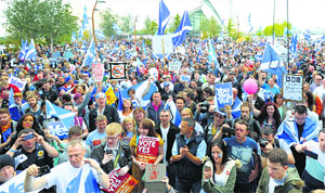 Campaigners for the Yes vote protest in front of the BBC Scotland headquarters in Glasgow, alleging a bias in the coverage.