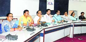 Lok Sabha MP Anurag Thakur presides over a meeting of the district-level Vigilance and Monitoring Committee in Una on Monday.