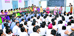 Students of GNN College and GSS School celebrate World Ozone Day at Government Senior Secondary School in Ludhiana on Tuesday