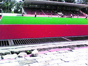 Apart from the pitch, the tiled area around the turf has also collapsed at certain areas and the tiles are coming off.