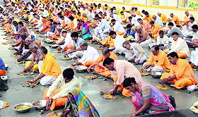 People offer rituals during shradas for peace to their forefathers and deceased relatives at Shantikunj in Haridwar on Tuesday.