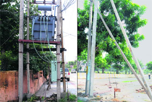 The transformer installed at New Amritsar A block has tilted to the one side due to sinking of poles during the recent rains; and (right) RCC poles on the verge of collapse have been given temporary support in New Amritsar.