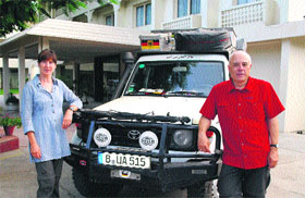 Andreas Blas (on right) and Ute Vogel arrive in Amritsar on Wednesday as a part of their journey on the silk route.