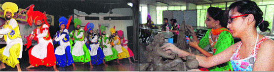 Students present bhangra; and (right) fine arts students display their talent in clay modelling at the Zonal Youth Festival at Guru Nanak Dev University in Amritsar on Wednesday