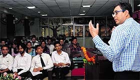 An expert apprises students of business opportunities during a workshop at the University Institute of Hotel Management and Tourism in Chandigarh.