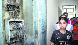 Open electricity wires at the hostel of Government Girls Senior Secondary School, Nehru Garden Road, Jalandhar. Photo: Sarabjit Singh 