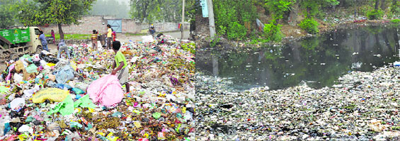 Ragpickers rummage through garbage; and (right) sewage in Ludhiana.