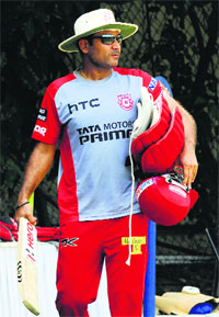 Kings XI Punjabs Virender Sehwag during a training session in Mohali on Wednesday.