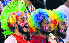 Fans enjoy a CLT20 match between Kings XI Punjab and Hobart Hurricanes at the PCA Stadium in Mohali on Thursday