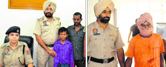 Child Sunny Deol stands beside his father; and (right) the accused, who kidnapped the boy, in police custody in Jalandhar on Thursday.