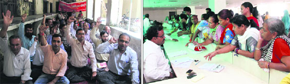 Collectorate employees busy protesting in Dehradun on Thursday; and (right) strike by ministerial employees inconveniences people at Tehsil office in Dehradun on Thursday.
