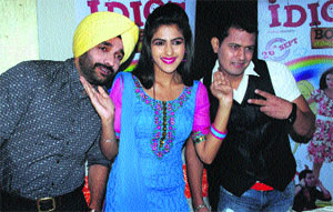 Rammi Mittal (right), Diljott (centre ) and Surmeet, the star cast of the upcoming Punjabi movie, Idiot boys, at a press conference in Amritsar on Friday.