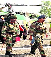 General Officer Commanding-in-Chief (Sapta Shakti Command), Lt Gen Arun Kumar Sahni (right), visit the Chetak Corps in Bathinda on Friday  to review its operational and military preparedness.