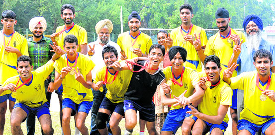 The team of Sri Guru Gobind Singh College, Sector 26, in a jubilant mood after winning an inter-college volleyball tournament for men in Chandigarh on Friday. Tribune Photo: S Chandan