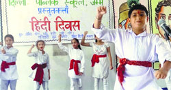 Students of Delhi Public School celebrate Hindi Week in Jammu on Friday. A Tribune photo