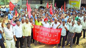 Members of CITU stage a protest outside the office of the Additional Labour Commissioner on the Gill road in Ludhiana.