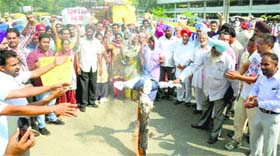 MGNREGA staff burn an effigy of the government at the Mini-Secretariat in Ludhiana on Friday.